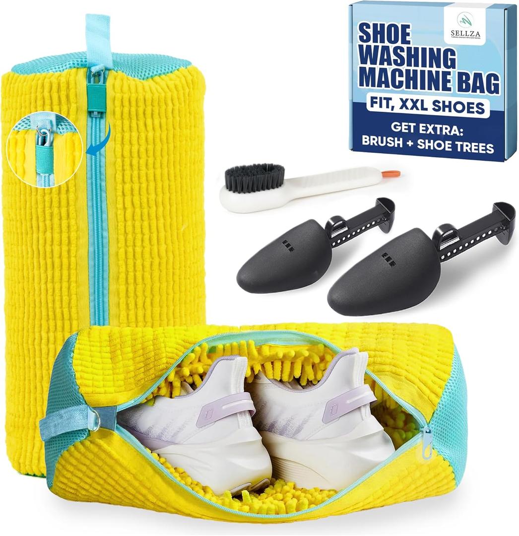 Shoe Washing Machine Bag 2 Pcs Reusable Laundry Shoe Bag with Brush & Shoe Trees, 360 Deep Cleaning Sneaker Washing Machine Bag, Fits All Shoe Types & Sizes (Yellow, 14.8  7.4 Inches)