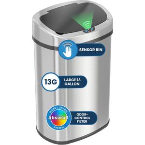iTouchless 13 Gallon Oval Sensor Trash Can with Odor Filter, Fingerprint-Proof Stainless Steel, 50 Liter Automatic Kitchen Garbage Bin, Smart Hands-Free Motion Lid, Quiet Soft-Close, Brushed Silver