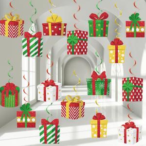 60 PCS Christmas Hanging Foil Swirls Decorations Gift Box Shape Hanging Swirls Ceiling Decorations Present Box Cutouts Party Supplies for Xmas Winter Holiday Birthday Outdoor Indoor Party Favor