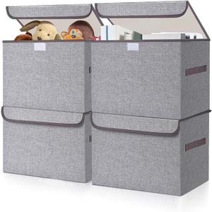 Large 22 Quart Linen Fabric Foldable Storage Bin Cube Organizer Basket with Flip-Top Lid & Handles, Clothes Blanket Box for Home, Office, Closet, Gray, 4 Pack 14.6 x 9.5 x 9.5