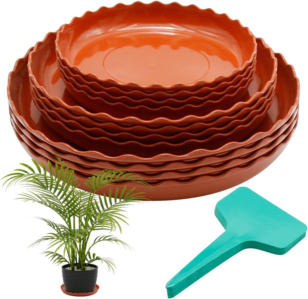 12 Pack White Plant Trays 3 Sizes Plastic Round Wave Plant Saucer Flower Plant Pot Saucer Terracotta Drip Trays for Indoor Outdoor Flower Pots and Planters, with 20pcs Green Plant Labels