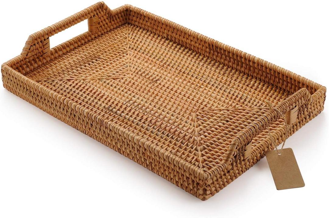 Hand-Woven Rattan Rectangular Serving Tray with Handles for Breakfast, Drinks, Snack for Coffee Table (14.5x10.2x1.4inches)