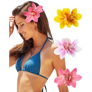 3 PCS Hawaiian Hair Accessories: Orchid, Hibiscus, and Artificial Flower Barrettes for Women (Pink, Rose, Yellow) - Ideal for Wedding, Bridal, Beach Party