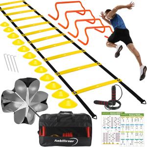 Agility Ladder Training Equipment Set - Agility Ladder(12 Rungs/20ft), 4 Speed Hurdles, 12 Training Cones, Jump Rope, Parachute for Speed/Soccer/Football Training with Carry Bag (Yellow)