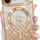 Bonoma Compatible with iPhone 17 Pro Case 2025 Support for MagSafe, Plating Heart Glitter Magnetic Checkered Case TPU Camera Protection Back Cover for Girls Women -Gold