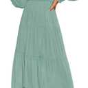 ZESICA Women's Casual Long Sleeve Crew Neck High Waist Smocked Flowy Tiered Midi Dress (XL, Sage)