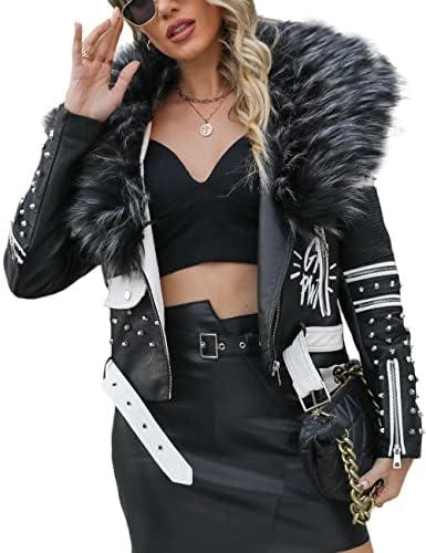 Bellivera Faux Leather Jacket for Women Studded Rivet Floral Moto Biker Short Lapel Coat, L