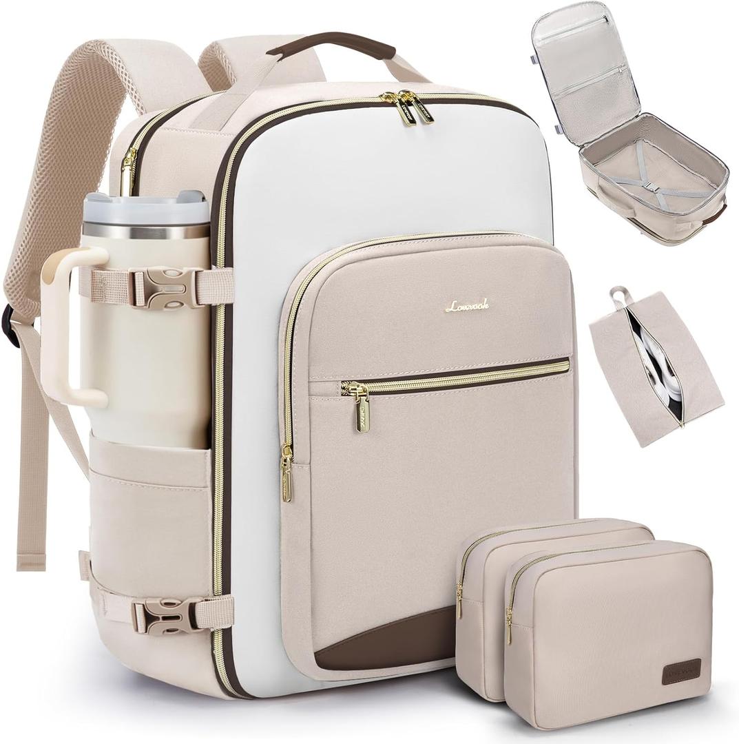 LOVEVOOK 40L Travel Backpack for Women & Men, Airline Approved Carry On Luggage with 3 Packing Cubes, TSA Overnight Bags, Waterproof Personal Item Bag, Weekender Essentials Backpacks fits 17" Laptop (Light Khaki-Beige-Coffee)
