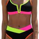 HYTENSUN Women's High Waisted Colorblock V Cut Bikini Ribbed V-Wired High Cut Cami Two Pieces Swimsuit XL 