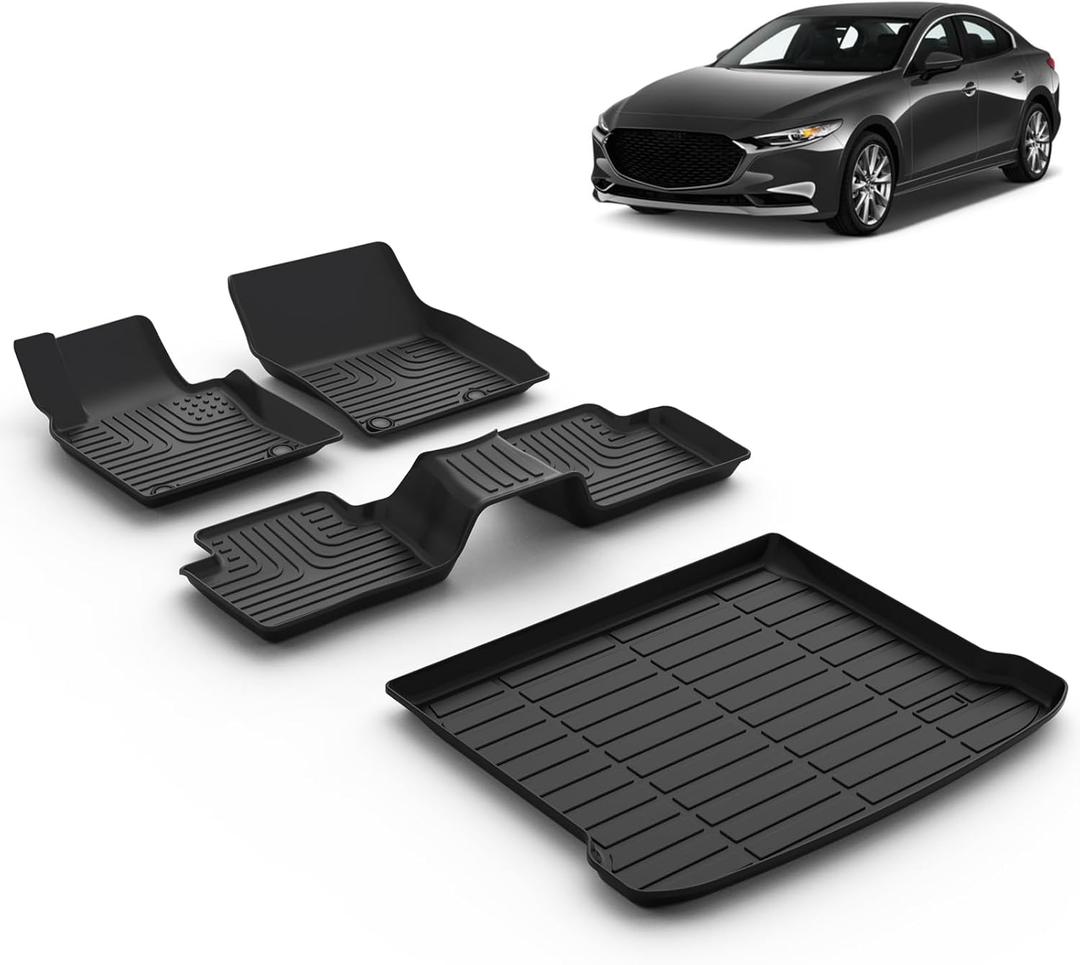 All Weather Car Floor Mats & Cargo Liner Set Fit for Mazda 3 FWD 2019-2024 2025 (Only Fits Hatchback Models) Floor Liners Trunk Liner Mazda 3 Cargo Mat Accessories Black