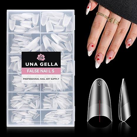 UNA GELLA Almond Gel Nail Tips, 504PCS Pre Etched Clear Fake Nails Tips Medium Almond Shape  12 Sizes Full Cover Soft Acrylic Press On Nail Extensions No C Curve Gift for Diy at Home