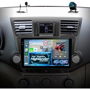 4G+128G Car Stereo for Toyota Highlander 2008 2009 2010 2011 2012 2013: 5GHz WiFi/Wireless Carplay/Android Auto, 10 Inch HD Touchscreen Android 15 Radio with EQ/GPS/SWC + AHD Rear View Camera
