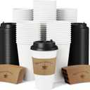 LITOPAK 100 Pack Disposable Coffee Cups with Lids and Kraft Sleeves, 16 oz White Coffee Cups for Hot Drinks