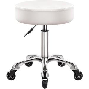 WKWKER Heavy Duty Rolling Stool with Wheels Hydraulic Swivel Adjustable Rolling Stool Ergonomic Thick Leather Seat Chair for Kitchen Drafting Lab Office Salon Massage – White, 15 Inches X 16.5 Inches X 26.6 Inches