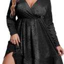 IN'VOLAND Plus Size Womens Glitter Dress V Neck Long Sleeve Ruffle Hem Swing Club Cocktail Party Dresses 14W