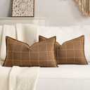 Brown Lumbar Plaid Throw Pillow Covers 12x20 Set of 2, Vintage Boho Decorative Chocolate Brown Plaid 12 x 20 Pillow Covers, Rustic Farmhouse Decor Throw Pillows for Sofa Couch Bedroom Living Room