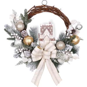 Pre-lit Christmas Wreath 26 Inch, Christmas Village House Wreath with Ornaments & Bow Decoration for Home Front Door Porch Wall Winter Xmas Holiday Decor