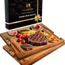 2 PCS Acacia Wooden Steak Board - 15 Inches Steak Cutting Plate Board with Fork, Knife and Ramekins (2 Set)