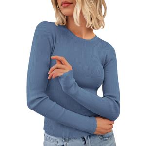 PRETTYGARDEN Womens Long Sleeve Shirts Ribbed Knit Fitted Cute Tops for Women Trendy Basic Pullover Shirt Fall Clothes (Blue, XXL)