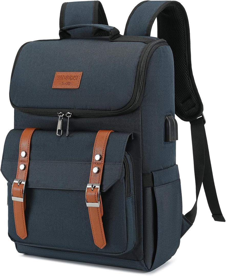 YALUNDISI Vintage Backpack Travel Laptop Backpack with usb Charging Port for Women & Men College Backpack Fits 15.6 Inch Laptop Blue Brown