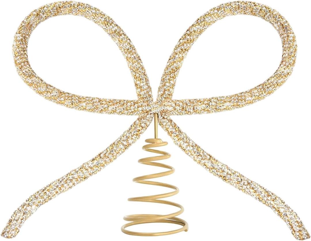 Generic Christmas Tree Topper,Gold Glass Rhinestone Bow Tree Topper,Xmas Holiday Tree Top Decoration for Indoor Outdoor Home Room Party (Gold)