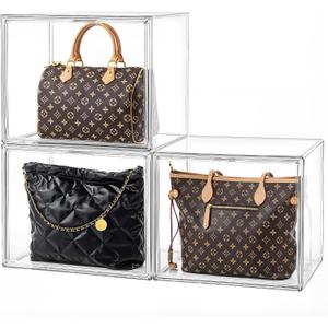 HBlife 3 Pack Purse Storage Organizer for Closet, X-Large Clear Stackable Handbag Display Case Box with Magnetic Door for Collectibles, Cosmetics, Women Heels and Toys