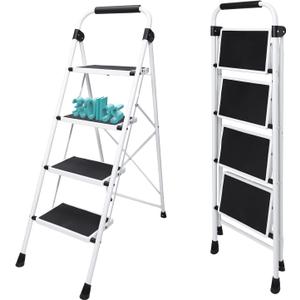 OLIXIS 4 Step Ladder, 330lbs Capacity Foldable Step Stool with Anti-Slip Pedal, Sturdy Steel Ladder & Comfortable Handrail, Protable Heavy Duty Step Stool for Kitchen, Garage, Outdoor Use - Black