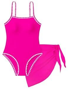 WIQI Girls Swimsuit One Piece Bathing Suits Cute Color Contrast Trim Teen Girls' Swimwear with Cover Up Skirt Swimsuits Size 12-14 Hot Pink