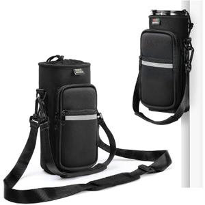 Nuovoware Water Bottle Carrier Bag,25oz/40oz/64oz Bottle Pouch Holder,Adjustable Shoulder Hand Strap 2 Pocket Sling Neoprene Sleeve Sports Accessories for Hiking Travelling Camping (Black+White)