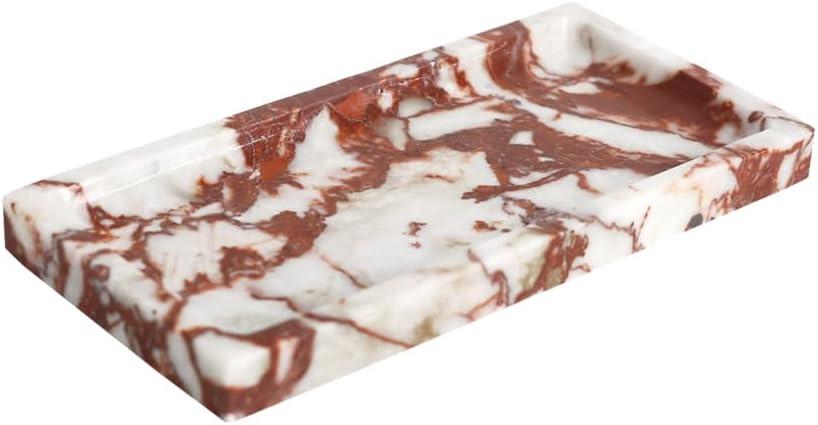 Small Marble Bathroom Tray, Real Marble Vanity Tray, Natural Stone Organizer for Countertop, Mini Marble Organizer for Jewelry Perfume Towel, Non-Resin Non-Ceramic (Calacatta Red 7.9" x 3.9" x 0.7")