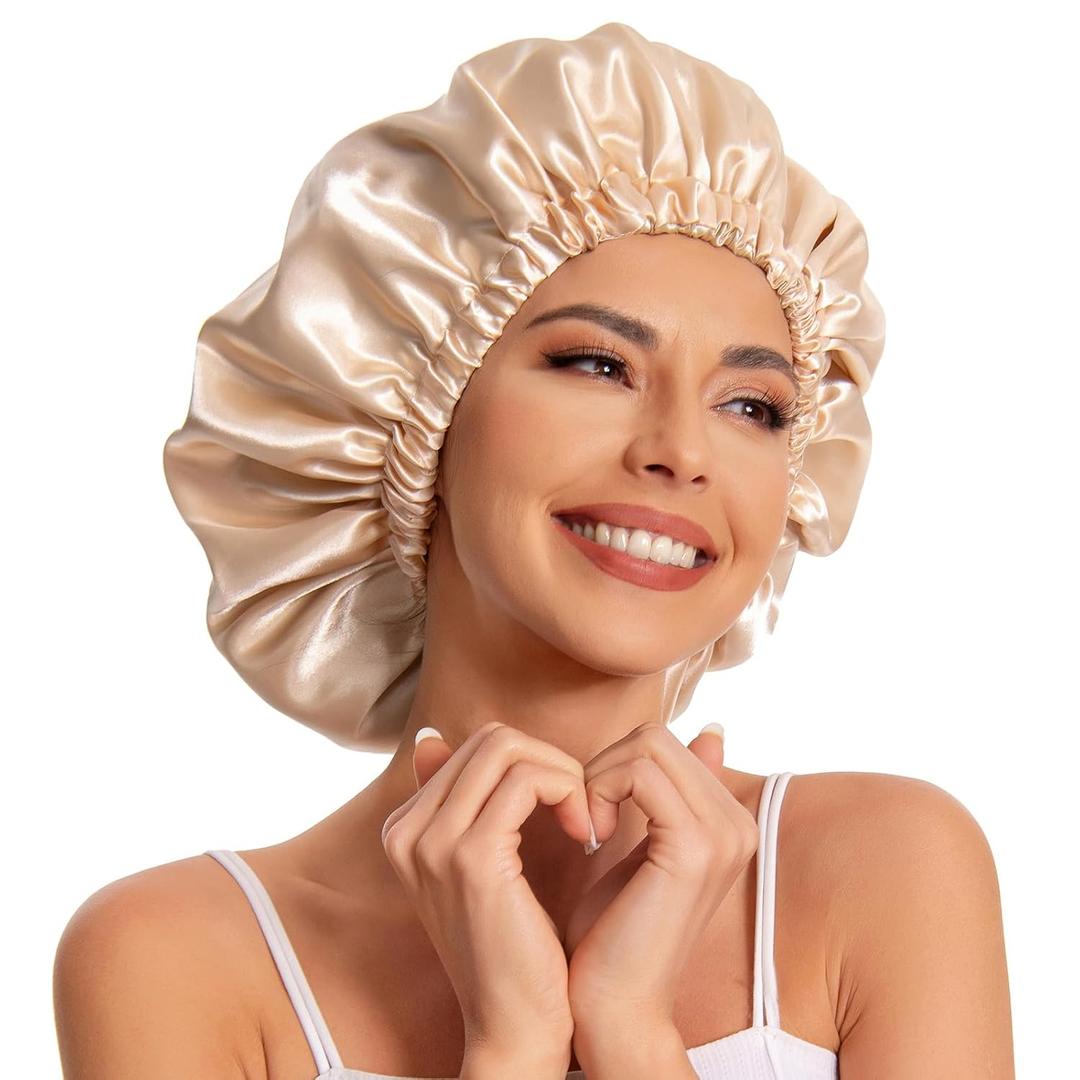 Satin Bonnet Silk Bonnet Hair Bonnet for Sleeping-Slouchy Beanie Hat Satin Sleep Cap for Women's Natural & Curly Hair(Champagne)
