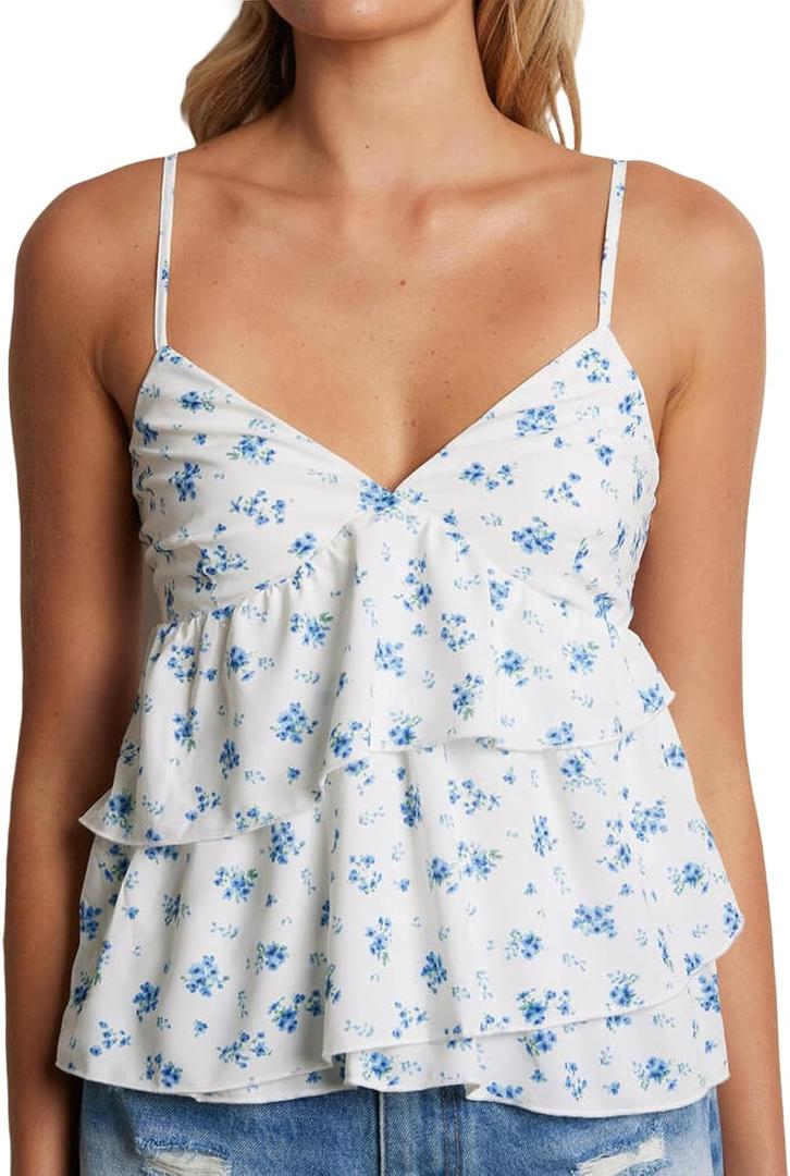Women Floral Camisoles Tops Sexy V Neck Backless Ruffle Hem Going Out Tops Cute Summer Y2K Teen Girls Camis (Small, Blue)