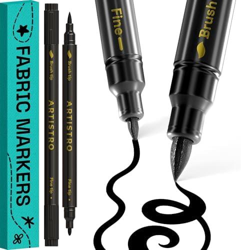 ARTISTRO 2 Black Dual-Tip Fabric Markers - Fabric Decorating Kit - Permanent for Clothes - Acrylic Paint Pens for Sneakers, Bags, Shoes, Textile, Canvas, Sewing, Craft, DIY - Brush and Fine Tip
