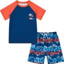 Boys Short Sleeve Rash Guard Swimsuit Set with Swim Trunks for 7-8Years