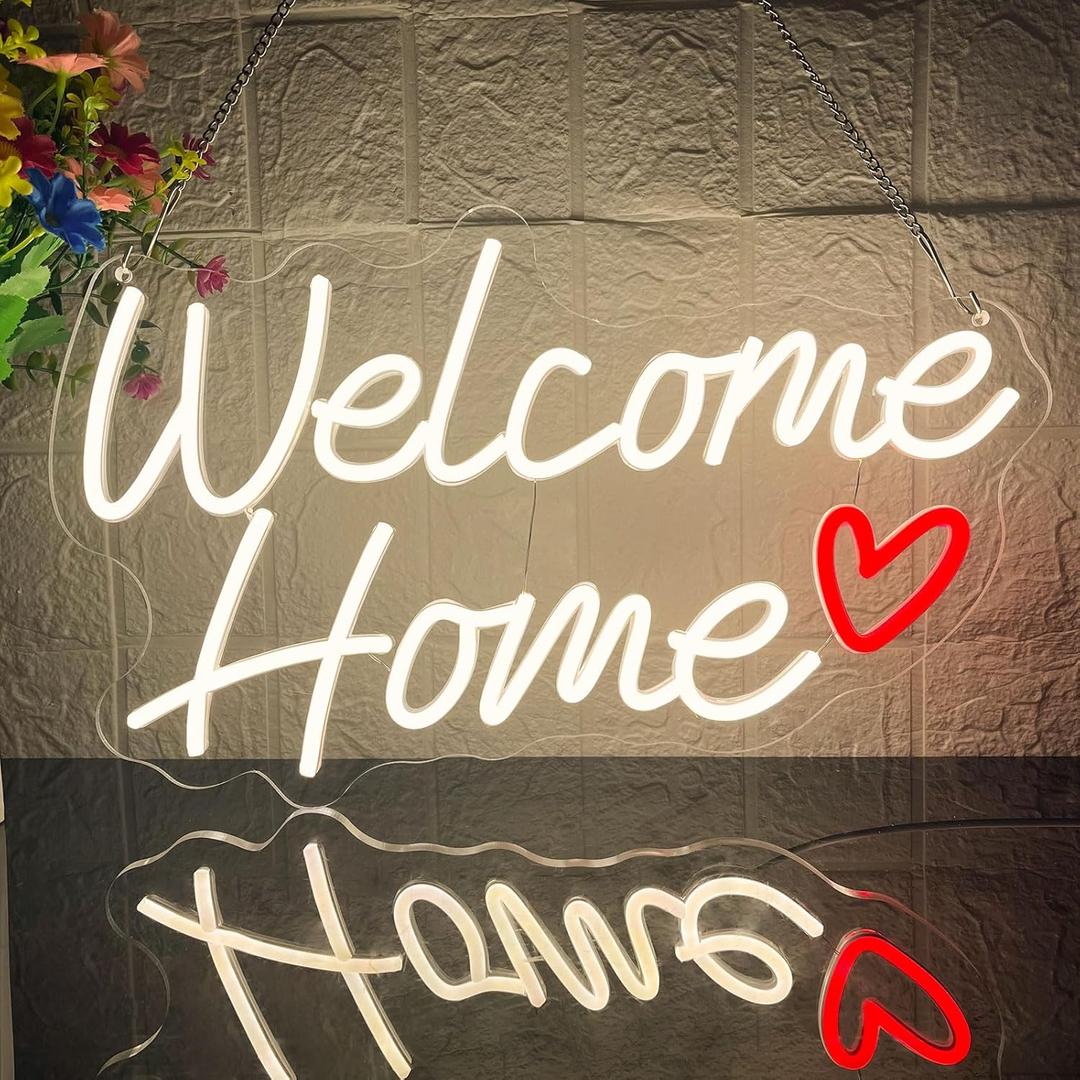 Welcome Home Neon Sign, Dimmable Welcome Led Neon Light for Wall Decor, USB Powered Home Neon Light Up Sign for Bedroom Living Room Birthday Party Housewarming Military Homecomings Family Celebrations