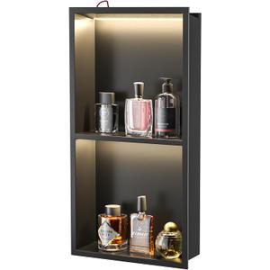 Stainless Steel Shower Niche with LED Light Matte Black with Shelf 24" X 12" with Light 2 Tier Shelves No Tile Needed Niche Shower for Bathroom Storage Over-Mounted Installation
