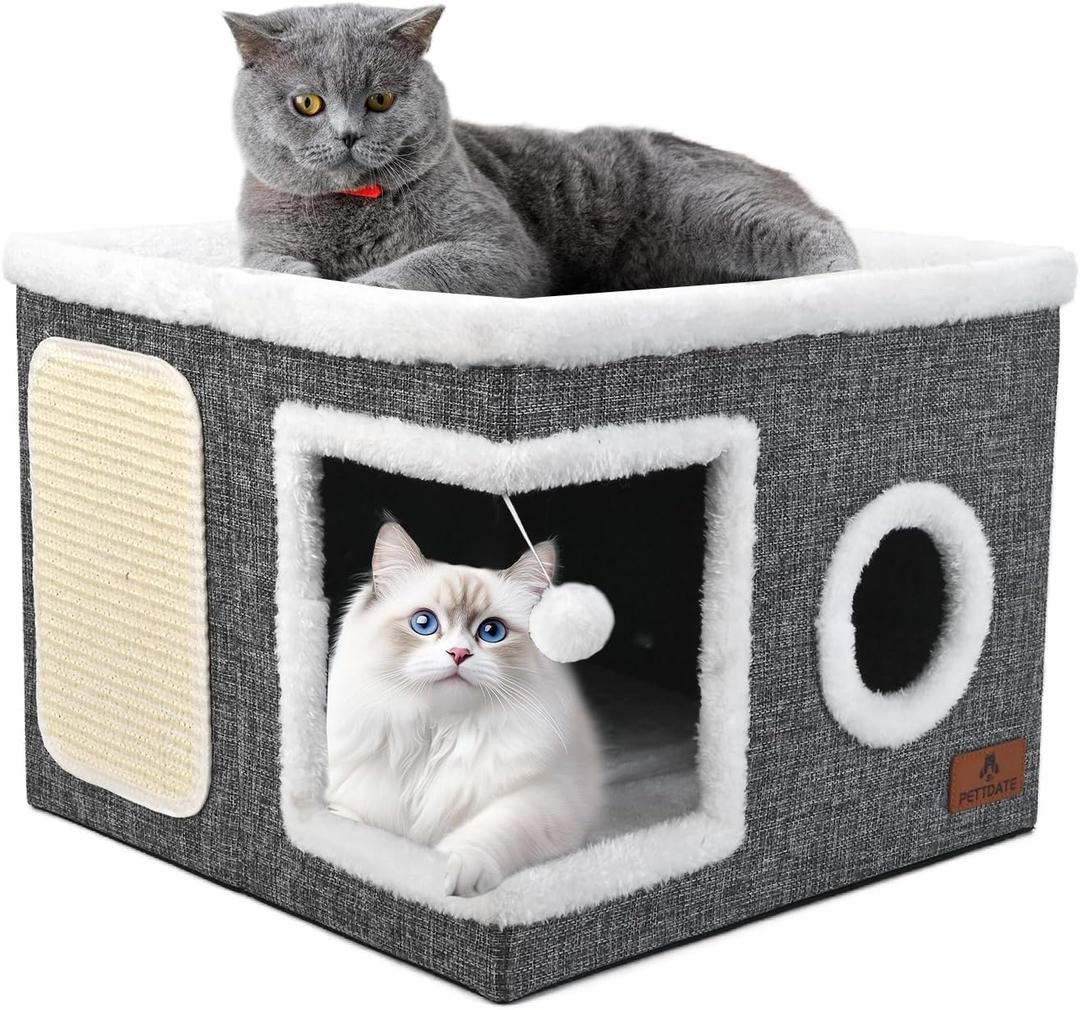 Cat Beds for Indoor Cats, Large Cat Cave Bed with Scratch Pad and Fluffy Ball, Foldable Cat Hideaway, Cat House with Reversible Cushion for Multi Small Pet Up to 30LBS, Grey (Single)