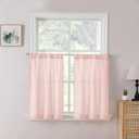 Short Linen Tier Curtains Rod Pocket Semi Sheer Half Kitchen Curtain Burlap Light Filtering Thick Linen Drapes for Bathroom, 41X20  inches Long, Pink, Set of 2 Panels