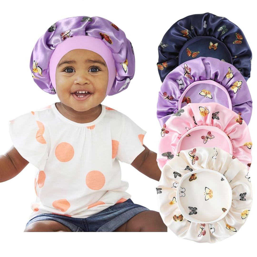 4 Pcs Silk Bonnet for Sleeping Kids Bonnets for Girls Baby Satin Sleep Cap Hair Wraps for Curly Natural Hair Elastic Wide Band,Butterfly (C01)