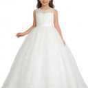 Flower Girl Dress for Wedding Lace First Communion Formal Dresses Kids Birthday Party Pageant Ball Gown (Size 8, 05 White)