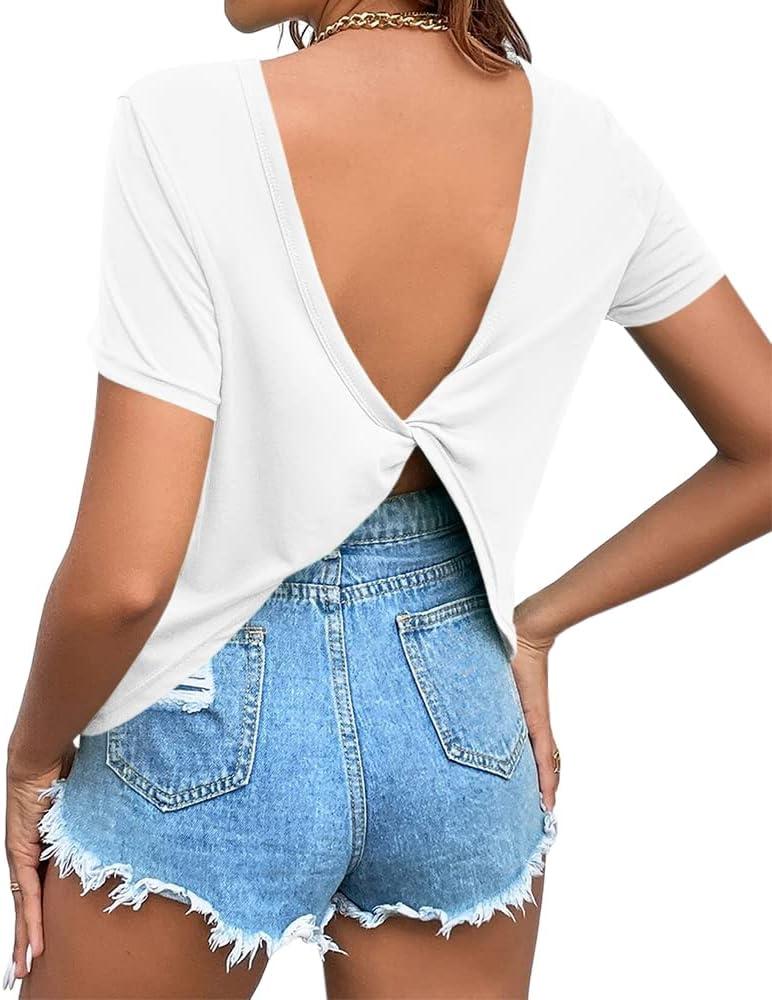Women's Twist Backless Short Sleeve T Shirts Tops Round Neck Curved Hem Casual Workout Tee T-Shirts (White, L)