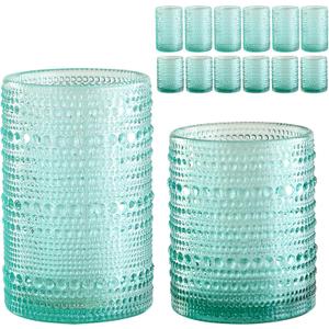 ZMOWIPDL Vintage Glassware Drinking Glasses Set of 12,Light Blue 12oz & 15oz Hobnail Glass Cups,Embossed Water Tumbler,for Beer,Cocktail,Whiskey,Juice and Various Mixed Drinks- 1 Cleaning Brush