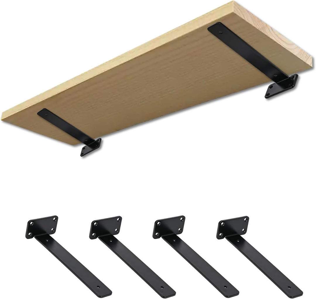 10 Inch Heavy Duty Shelf Brackets (4-Pack), Black Steel Floating Shelf Supports, Easy Installation Metal L Brackets for Wall Shelves, DIY Home & Office Organization (Black)