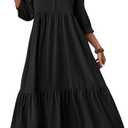 SOLY HUX Women's Half Button Collar 3/4 Sleeve Shirt Dress Ruffle Hem Casual Loose Long Dresses (Small, Plain Black)