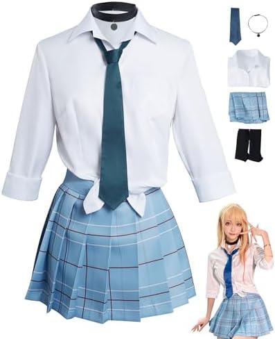Deboyar Anime Costume Women Japanese Cosplay Uniform Shirt Skirt Tie Socks Accessories Devil Outfit Suit (Blue, Medium)