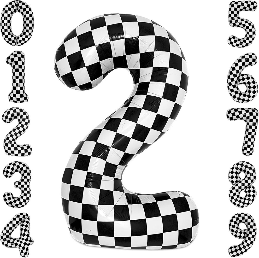 40 Inch Checkered 2 Balloon Large Black and White Number Balloon for Two Fast Race Car Birthday Party Supplies Number 2 Checkered Balloon