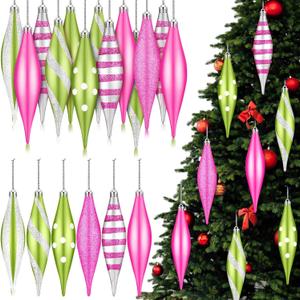 Hungdao 12 Pcs Green and Pink Christmas Ornaments 6.3 Inch Droplet Stripe Dot Hanging Christmas Ornaments for Xmas Tree Decor for Home and Holiday Party Xmas Trees Accessories