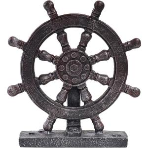 Ship Steering Wheel Boat Sculpture Decor Nautical Rudder Figurine Resin Handicraft Statue Model for Bookshelf Desktop Ornaments Home Decoration (Reddish Brown)