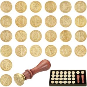 PATIKIL Alphabet Wax Seal Stamp Kit, 26 Letters A-Z Sealing Wax Stamp with 2pcs Wooden Handles, Gift Box Letter Initial Brass Head Vintage