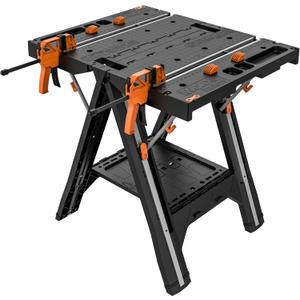 Worx Pegasus 2-in-1 Folding Work Table & Sawhorse, Easy Setup Portable Workbench, 31" W x 25" D x 32" H Lightweight Worktable with Heavy-Duty Load Capacity, WX051 - Includes 2 Clamps & 4 Clamp Dogs